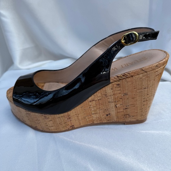 Stuart Weitzman Riveria Patent Leather Slingback Cork Platform Wedge Sandals 7.5 - Picture 8 of 13